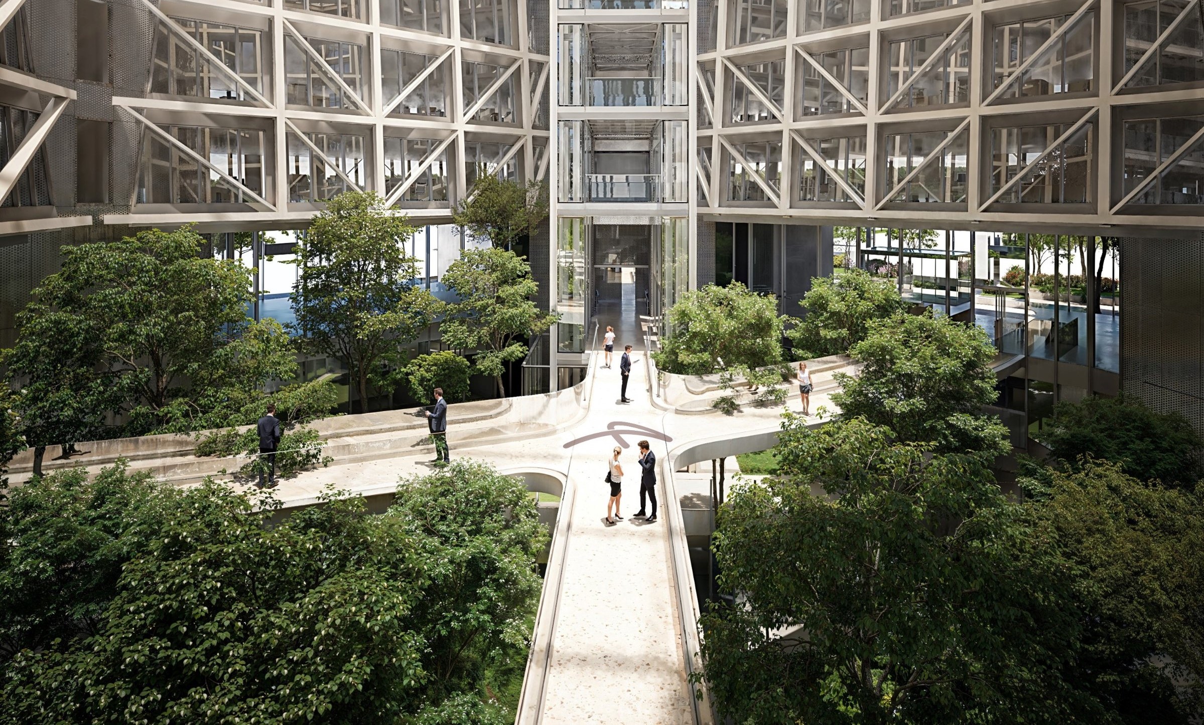 Une passerelle en acier, suspendue au-dessus du jardin intérieur, reliera les différents côtés du bâtiment pentagonal (crédit : Wilmotte & Associés).