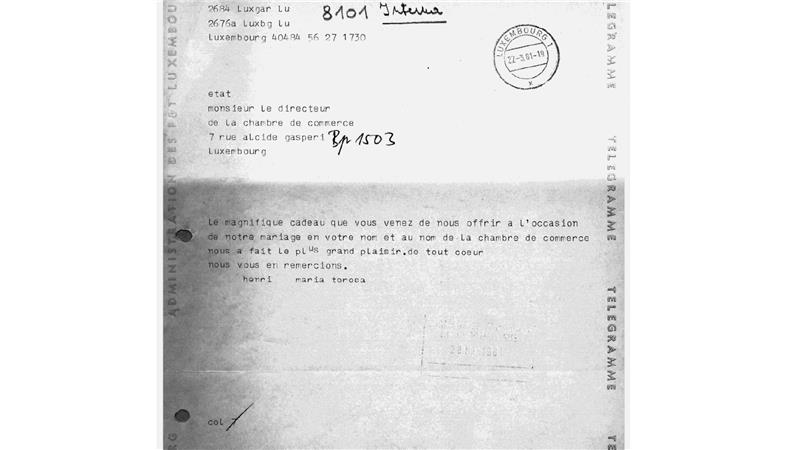 En mars 1981, S.A.R Le Grand-Duc Henri et la Grande-Duchesse Maria Teresa envoient un Télégramme au directeur de la Chambre de Commerce, Henri Ahlborn, pour le remercier de son présent.