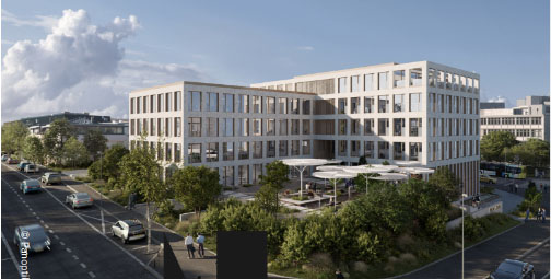 Vue d'un building dans un cadre arboré