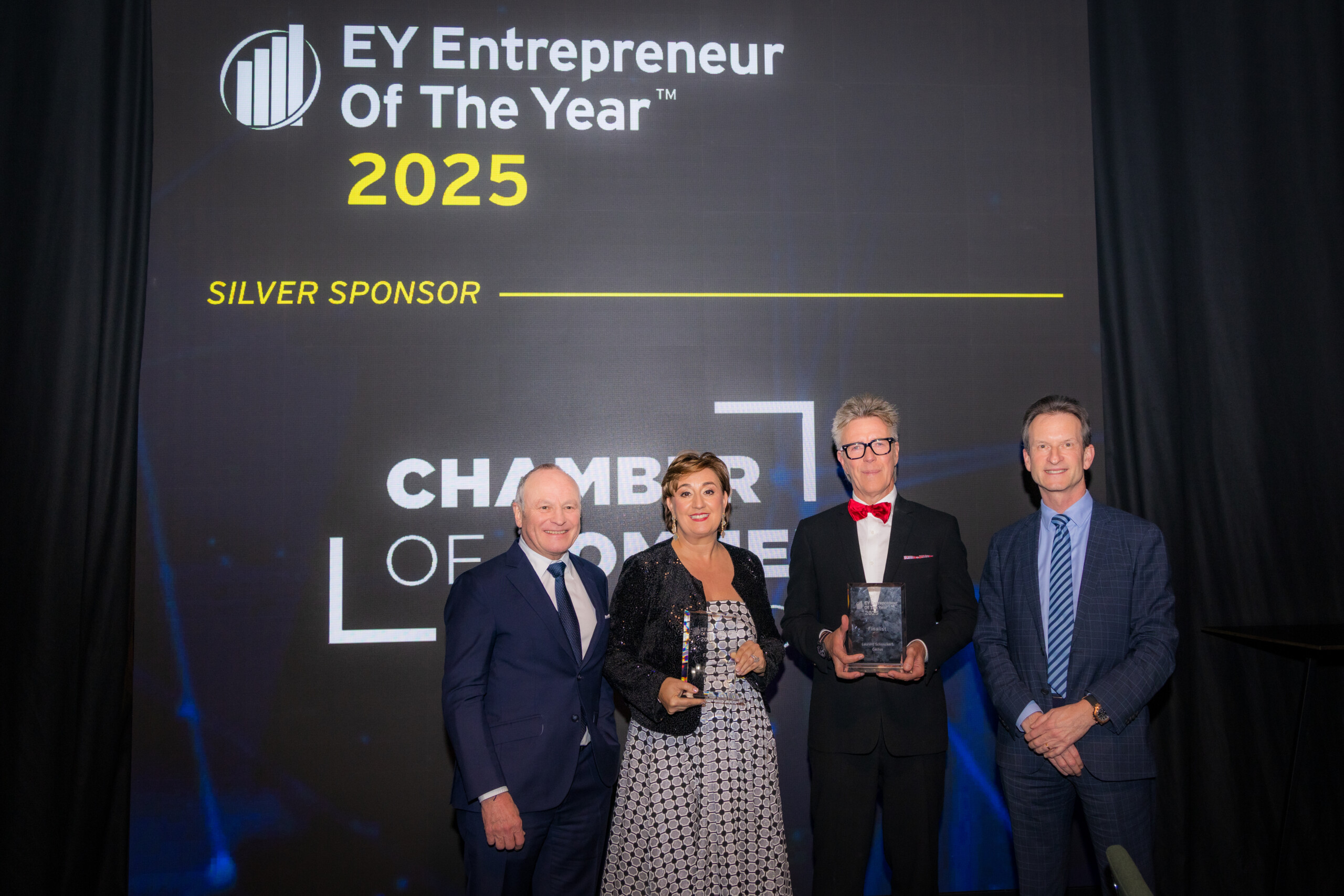 (De g. à dr.) Fernand Ernster, président de la Chambre de Commerce; Marie-Christine Mariani; Laurent Schonckert et Carlo Thelen, directeur général de la Chambre de Commerce (crédit: Charly Petit / Chambre de Commerce) 