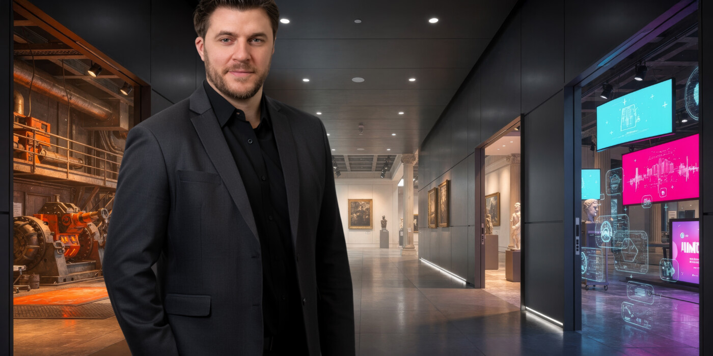 Matthieu Bracchetti, fondateur de l'entreprise Virtual rangers, incrusté sur un fond généré par l'intelligence artificielle