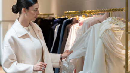 Emilie Bolland dans sa boutique Bogère en train de montrer un vêtement