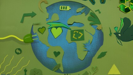 Collage papier représentant la terre avec , tout autour, des symboles de l'économie d'énergie