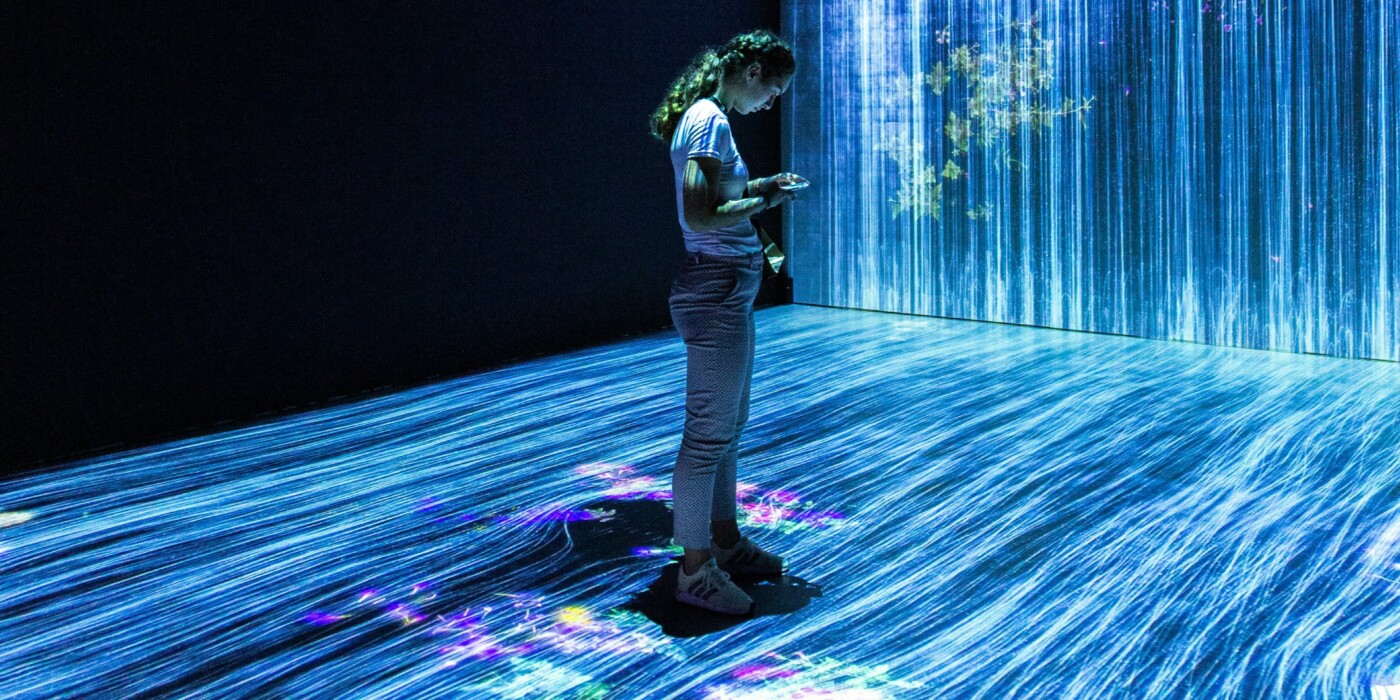 une personne debout au milieu de ce qui ressemble à des fibres optiques. En arrière fonds, des végétaux (branches et fleurs)