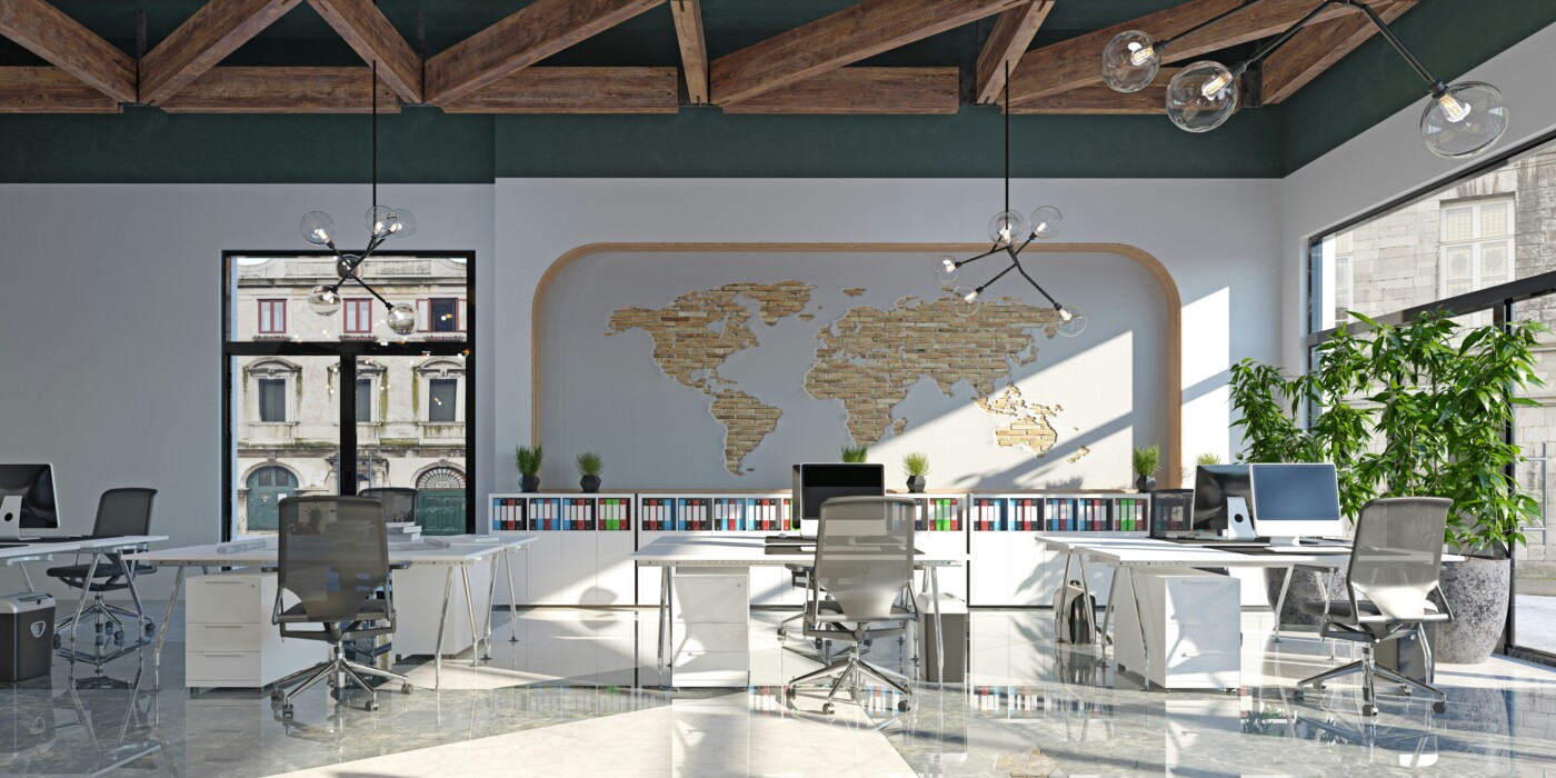 Grande carte du monde murale au fond d'un bureau moderne