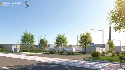 Route avec piste cyclable et parking en arrière-plan.