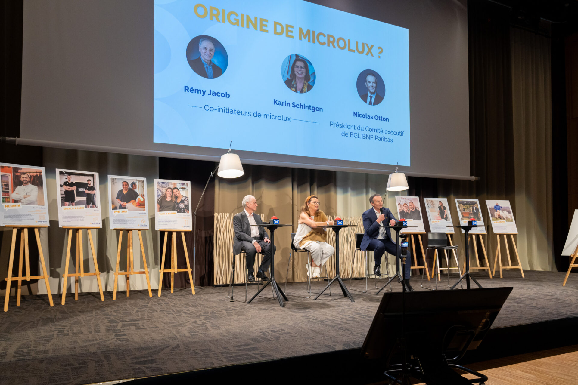 Une première table ronde a réuni Rémy Jacob et Karin Shintgen, co-initiateurs de microlux et Nicolas Otton, président du Comité éxécutif de BGL BNP Paribas.