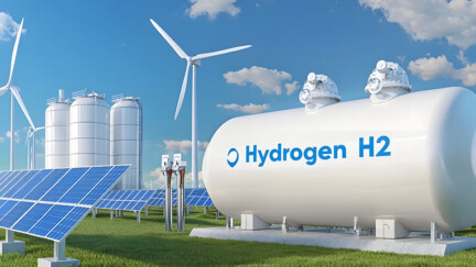 Futuristic hydrogen energy storage facility featuring a large white gas tank surrounded by solar panels and wind turbines generating renewable energy in a clean ISO 19870-1:2026 : une nouvelle norme internationale pour quantifier les émissions de gaz à effet de serre liées à la production d’hydrogène