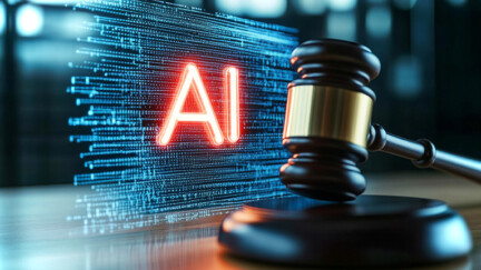 The courtroom highlights the ongoing discussion about artificial intelligence, law, and justice, showcasing a gavel beside a digital representation of AI. L’ILNAS propose une formation sur la normalisation technique et la réglementation appliquées à l’intelligence artificielle